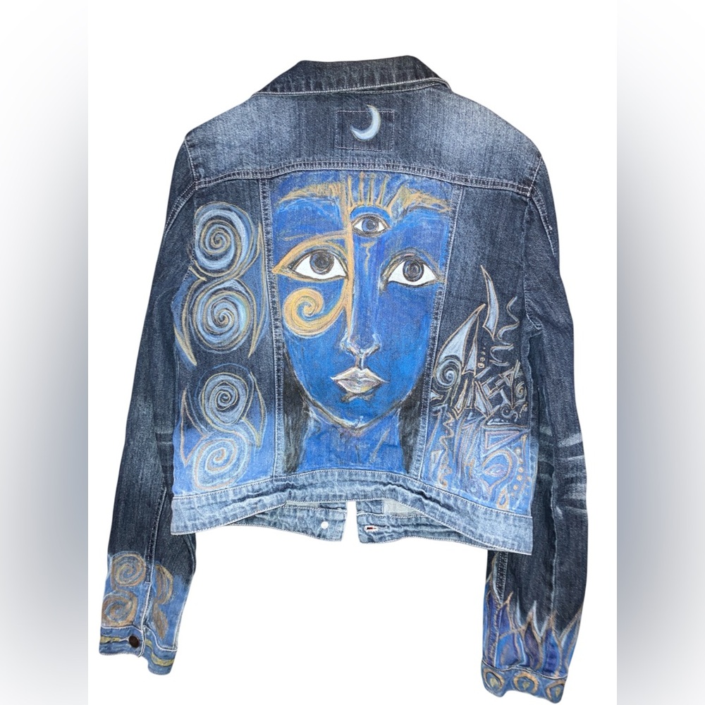 Hand Painted Denim Jean Jacket Blue Gold Lotus / Flame / Goddess Design S